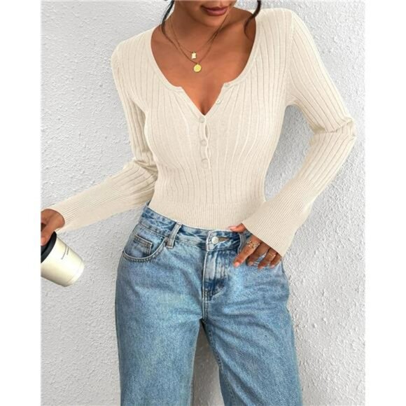 Womens Henley Long Sleeve Shirt Slim Fit Button Up Fall Lightweight Sweater - Picture 4 of 7